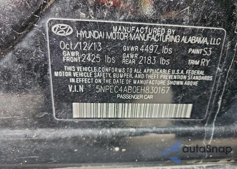 2014 Hyundai Sonata Se from USA, damaged, VIN 5NPEC4AB0EH830167